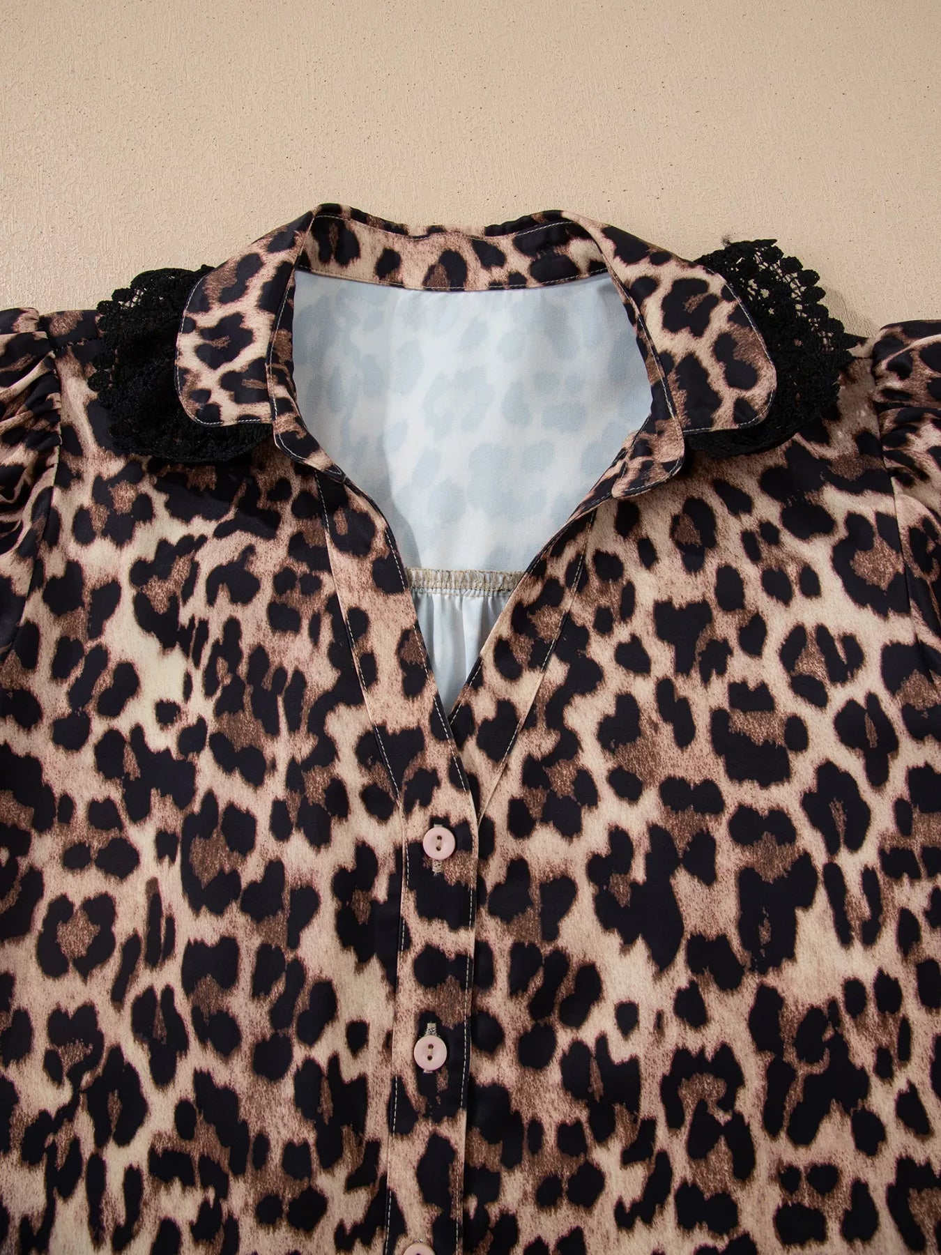 Leopard Print Button Down Lace Trim Short Sleeve Shirt