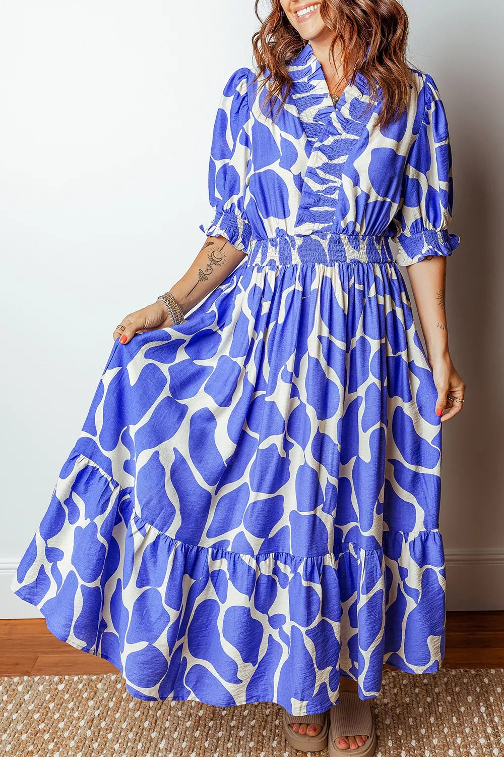 Abstract Print Smocked Waist Puff Half Sleeve Dress