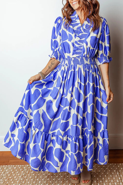 Abstract Print Smocked Waist Puff Half Sleeve Dress