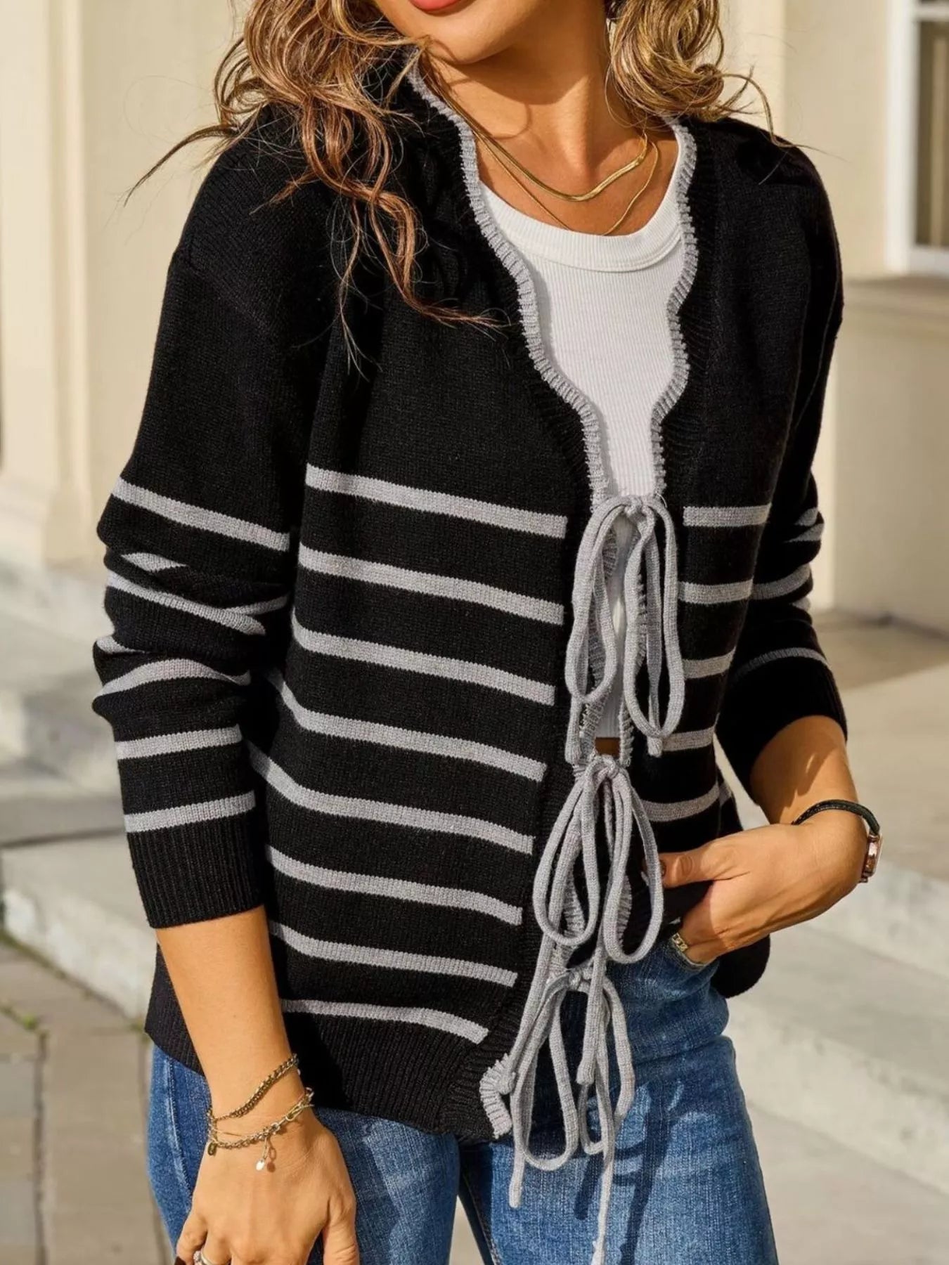 Striped Tie Front Knit Cardigan