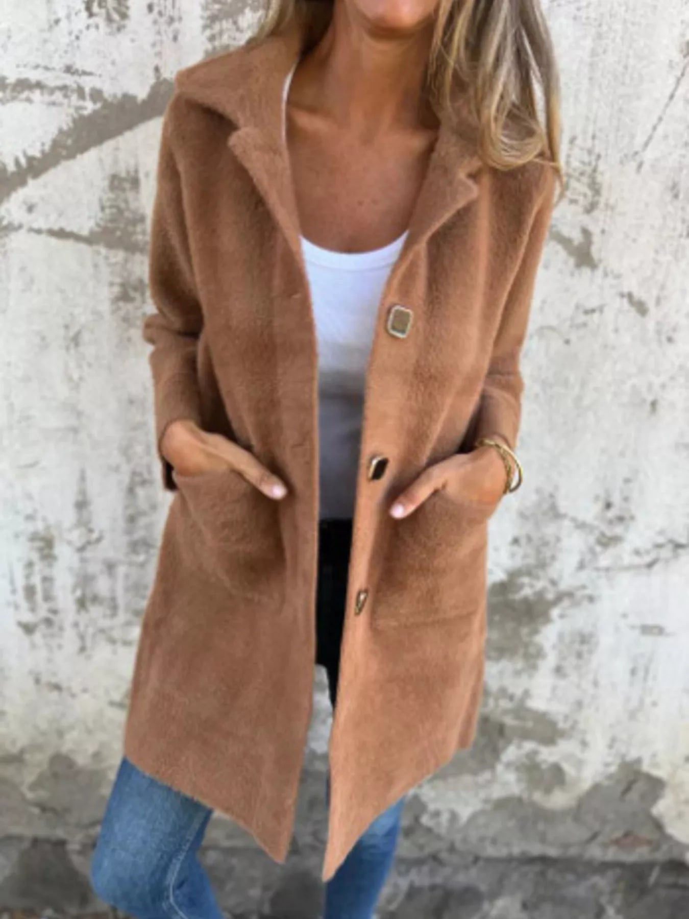 Full Size Button-Down Long Sleeve Longline Coat Plus Size