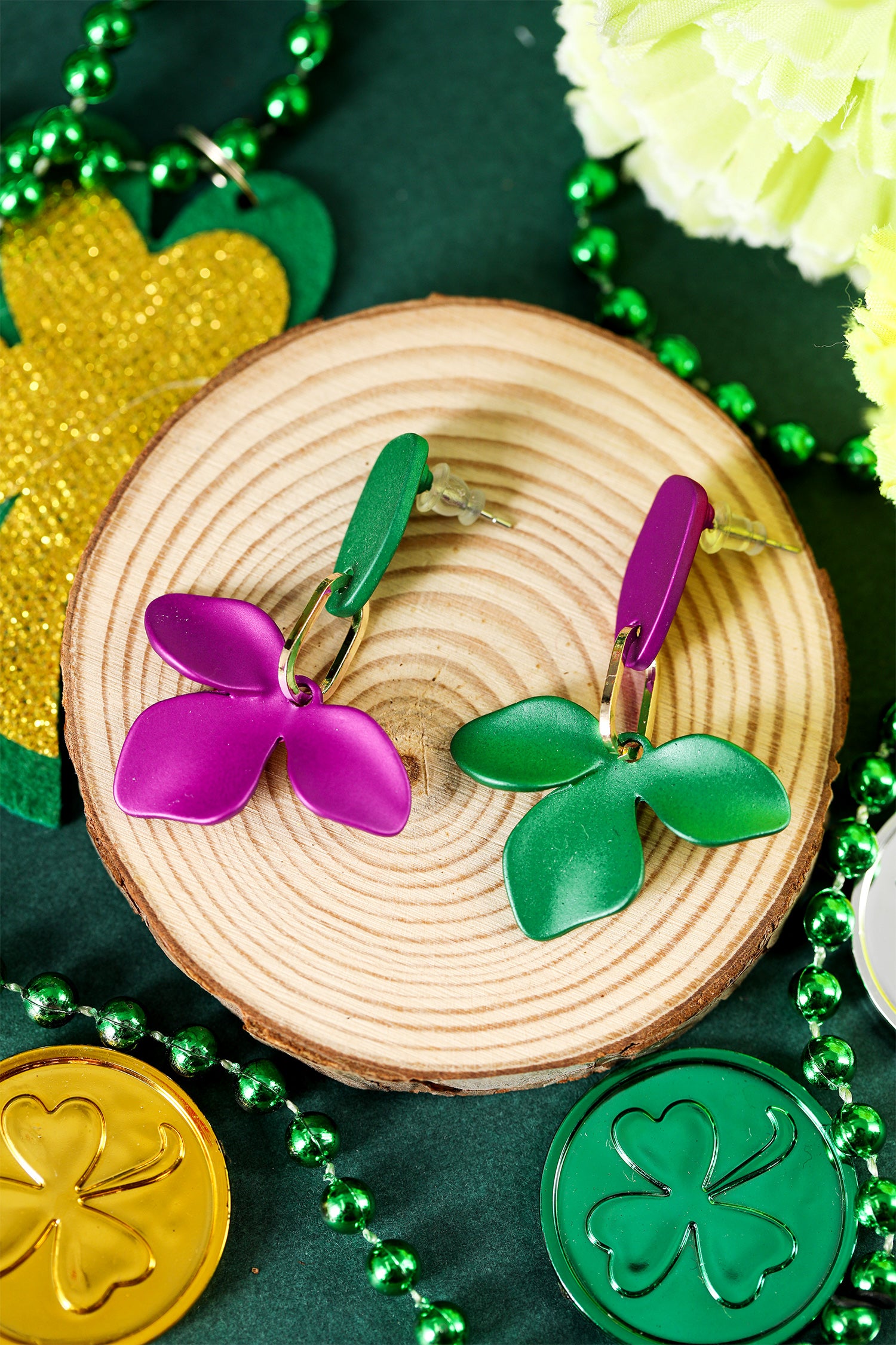 Green St Patrick Day Asymmetric Flower Studded Earrings