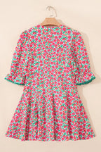 Floral Print V Neck Patchwork Short Bubble Sleeve Mini Dress