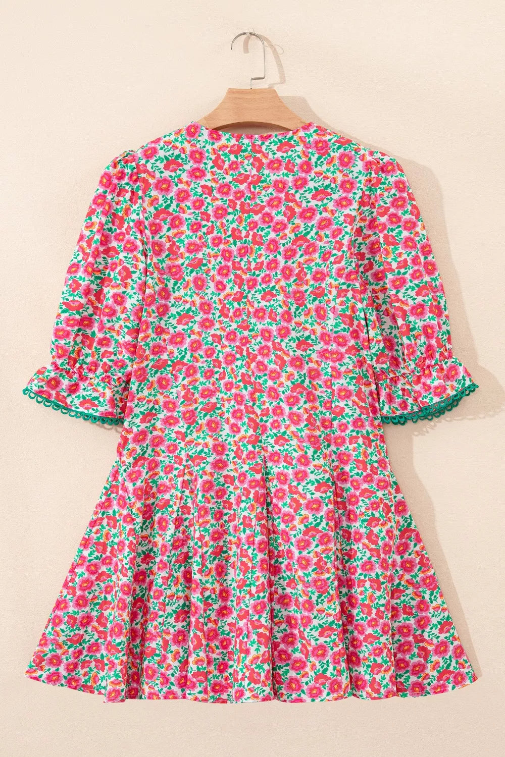 Floral Print V Neck Patchwork Short Bubble Sleeve Mini Dress
