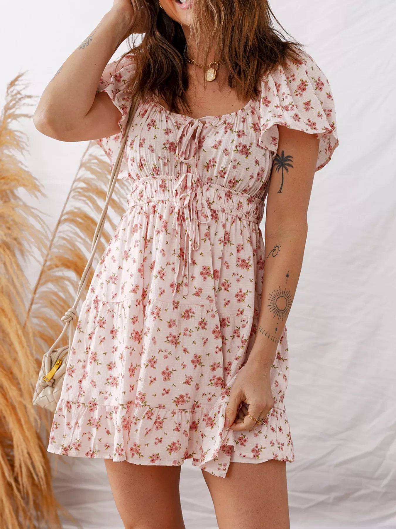 Front Tie Shirred Waist Short Sleeve Ruffled Floral Mini Dress