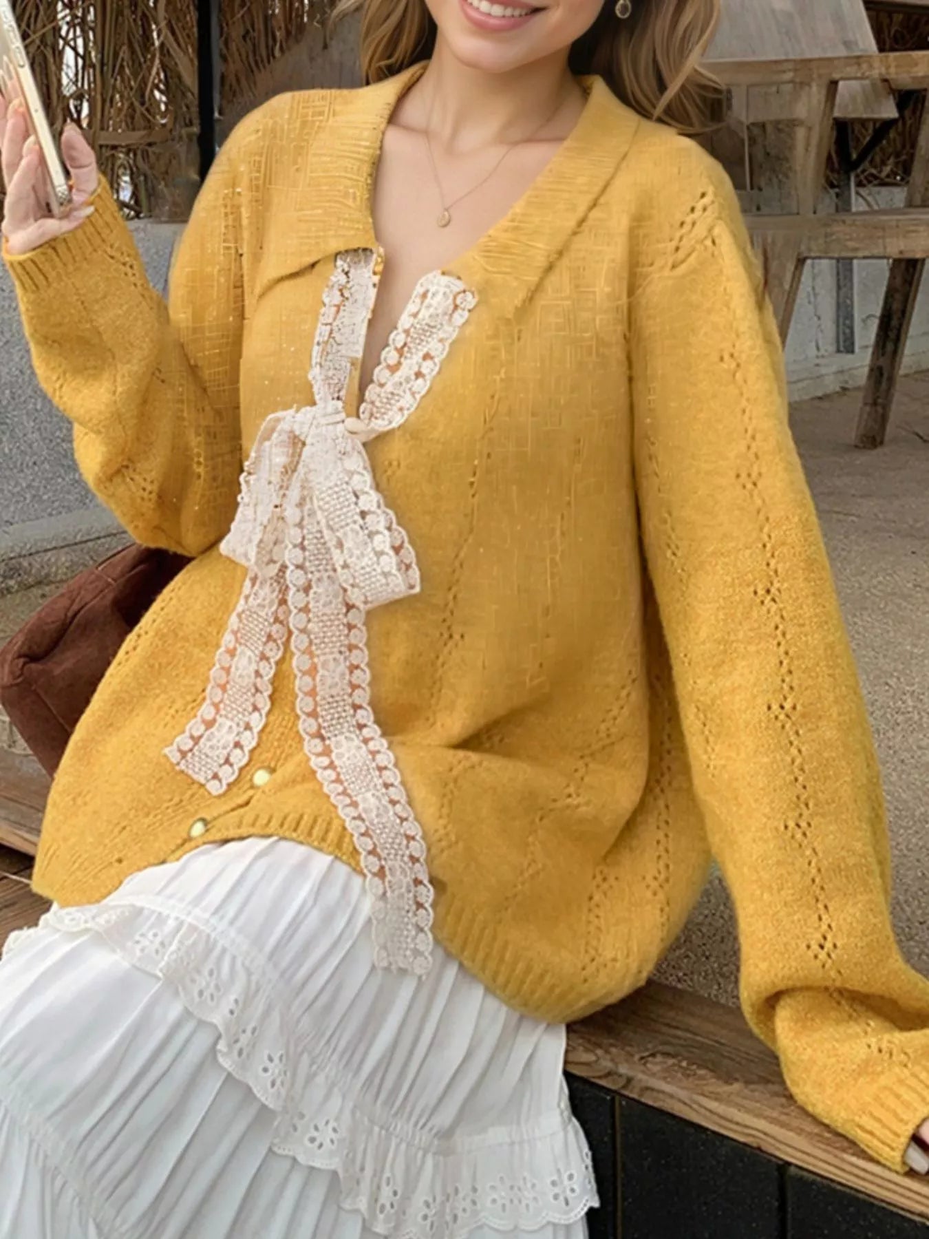 Lace Tie Button Up Cardigan