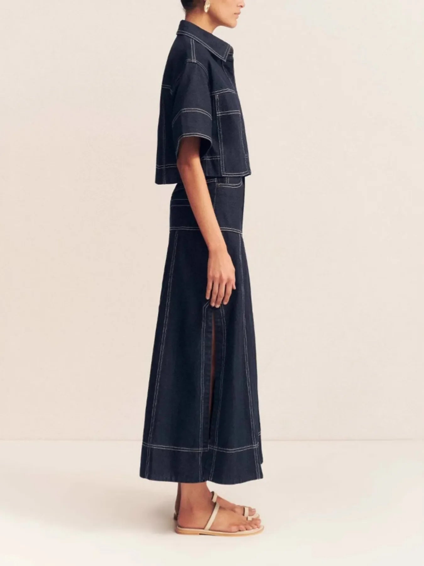 High-Waist Side Slit Contrast Stitch Denim Maxi Skirt