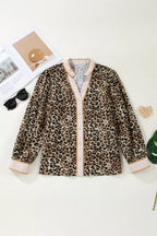 Contrast Striped Trim V Neck Leopard Shirt
