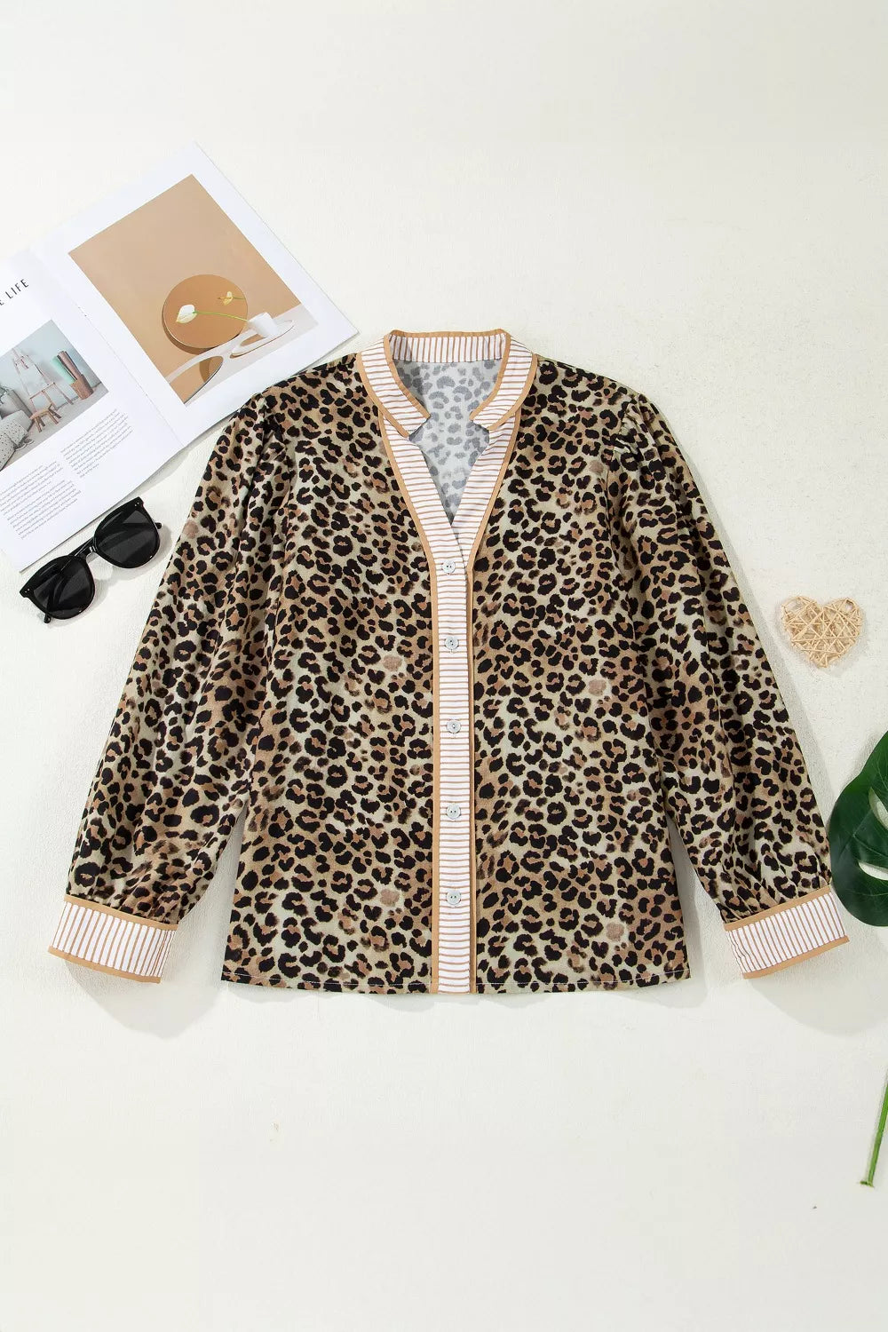 Contrast Striped Trim V Neck Leopard Shirt
