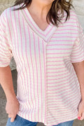 Plus Size Stripe Plus Size V Neck Exposed Seam Patchwork T Shirt