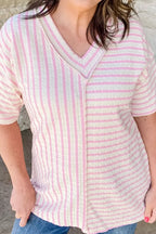 Plus Size Stripe Plus Size V Neck Exposed Seam Patchwork T Shirt