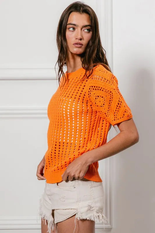 BiBi Crochet Knit Cover Up With Puff Sleeves