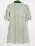 Stripe Color Block Patchwork Shirt Collar Button Down Puff Sleeve Mini Dress