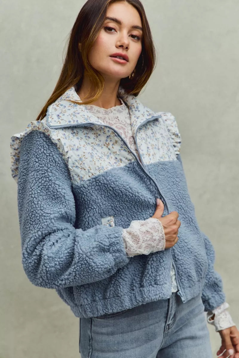 SO ME Faux Fur Sherpa Pull Jacket with Floral Contrast