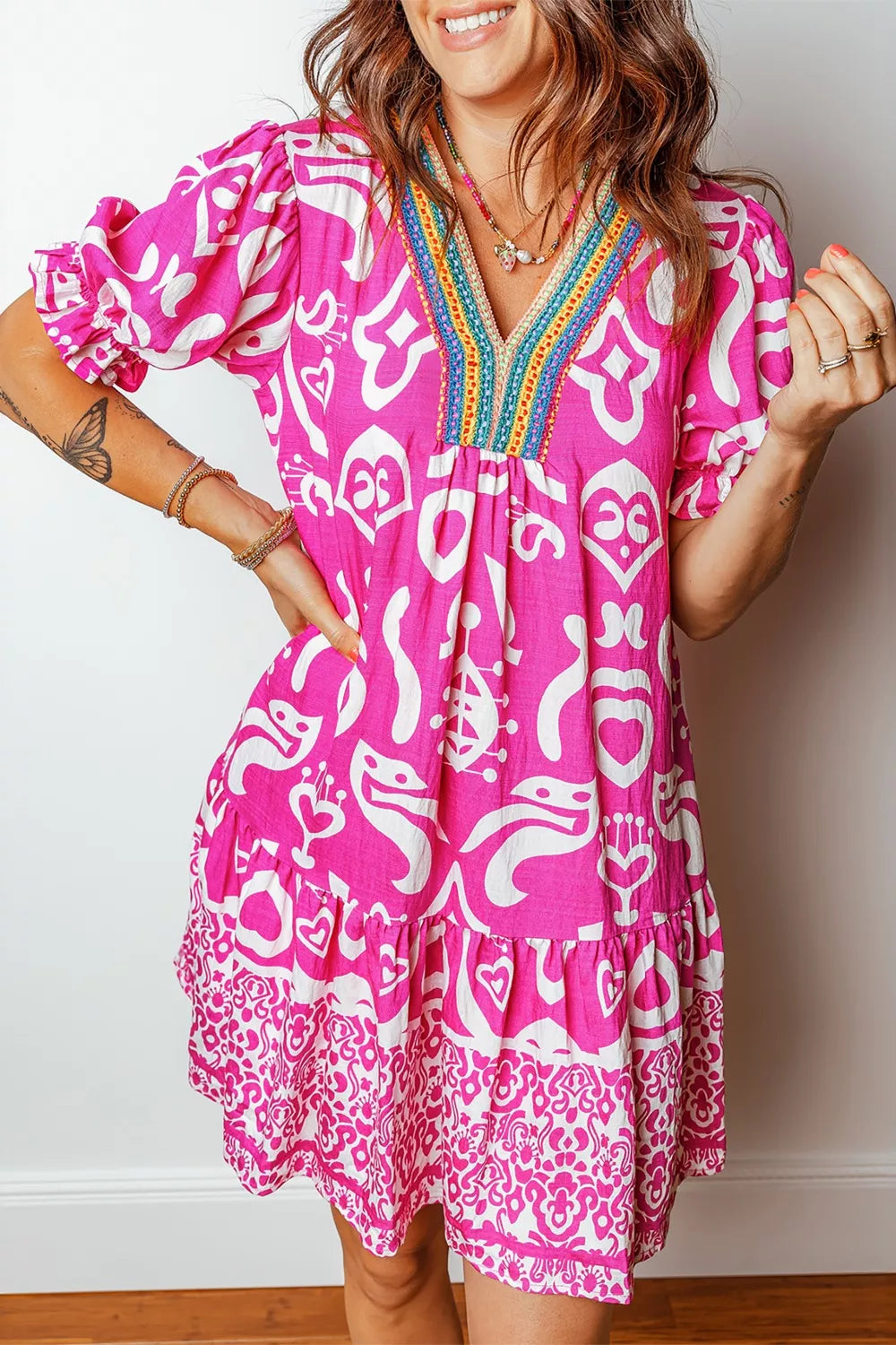Mixed Print Contrast Trim V Neck Short Sleeve Flared Dress