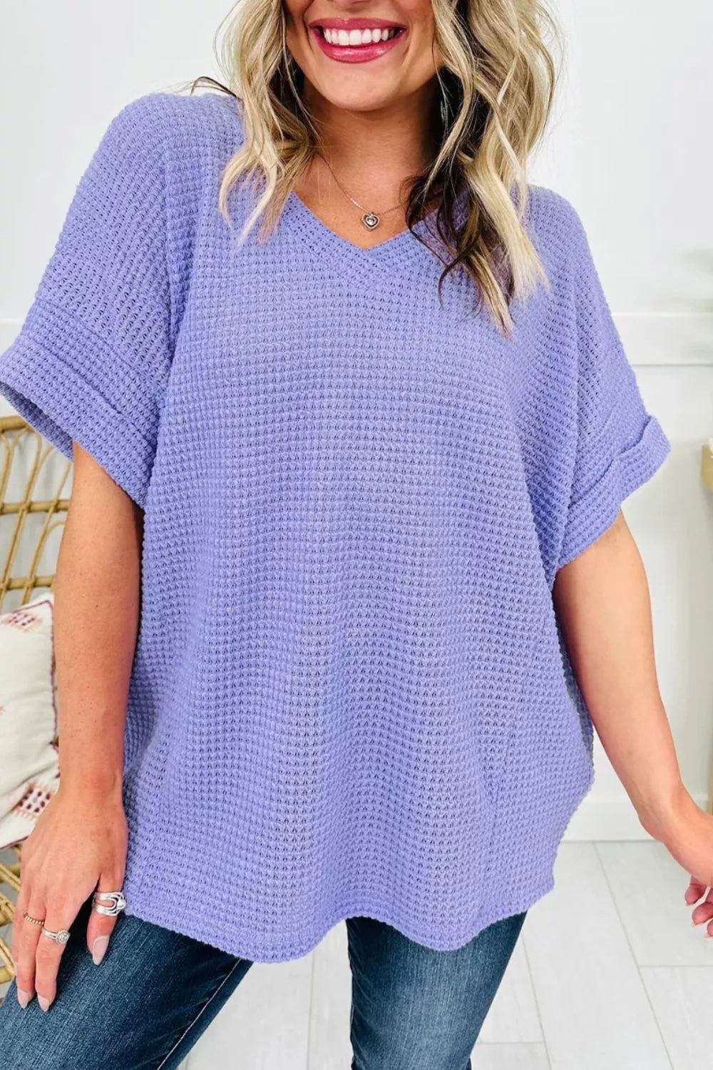Waffle V Neck Short Sleeve Top