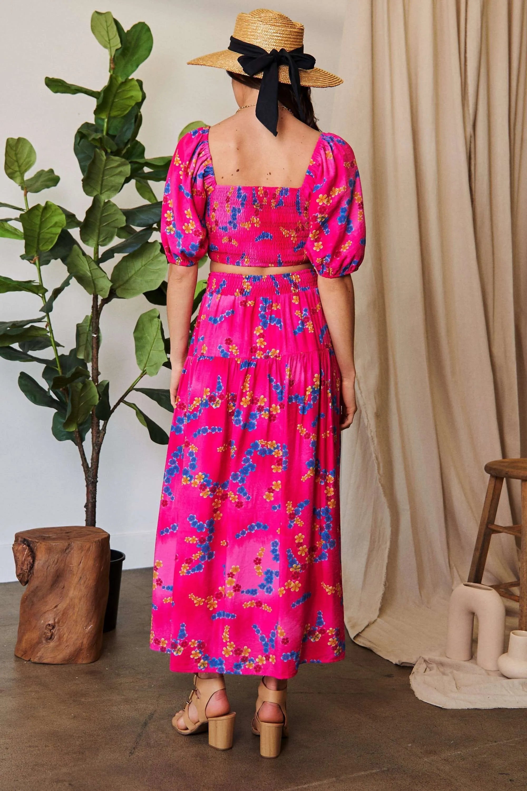 Davi & Dani Printed Smocking Waistband Ruffled Maxi Skirt