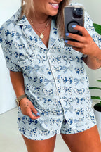 Bow Print Button Up Top and Shorts Pajama Set