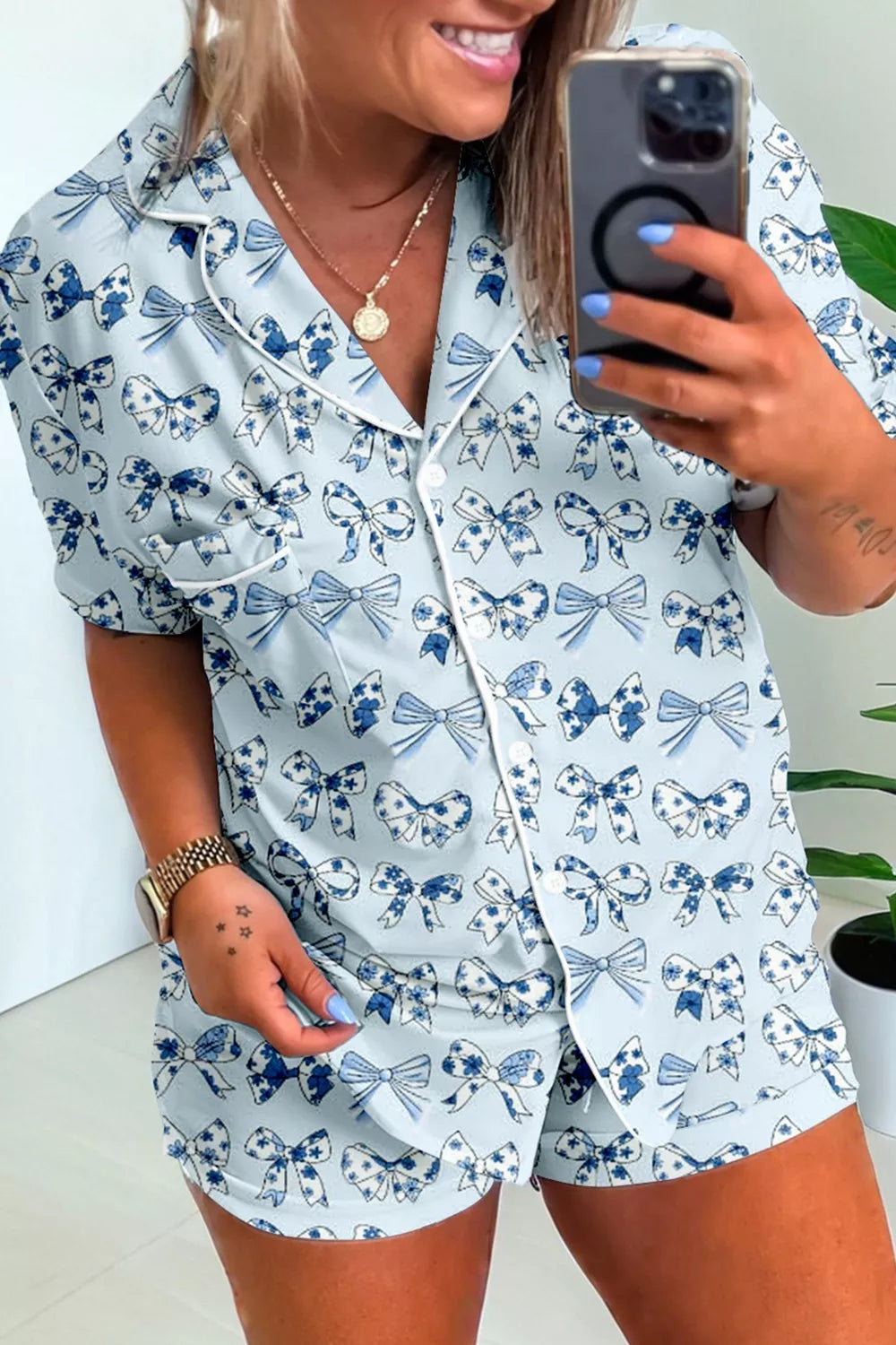 Bow Print Button Up Top and Shorts Pajama Set