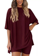 Full Size Relaxed Fit Round Neck Top and Shorts Two-Piece Set Plus Size