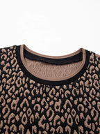 Leopard Print Puffy Bracelet Sleeve Contrast Trim Round Neck Top