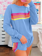 Striped Round Neck Sweatshirt and Shorts Set