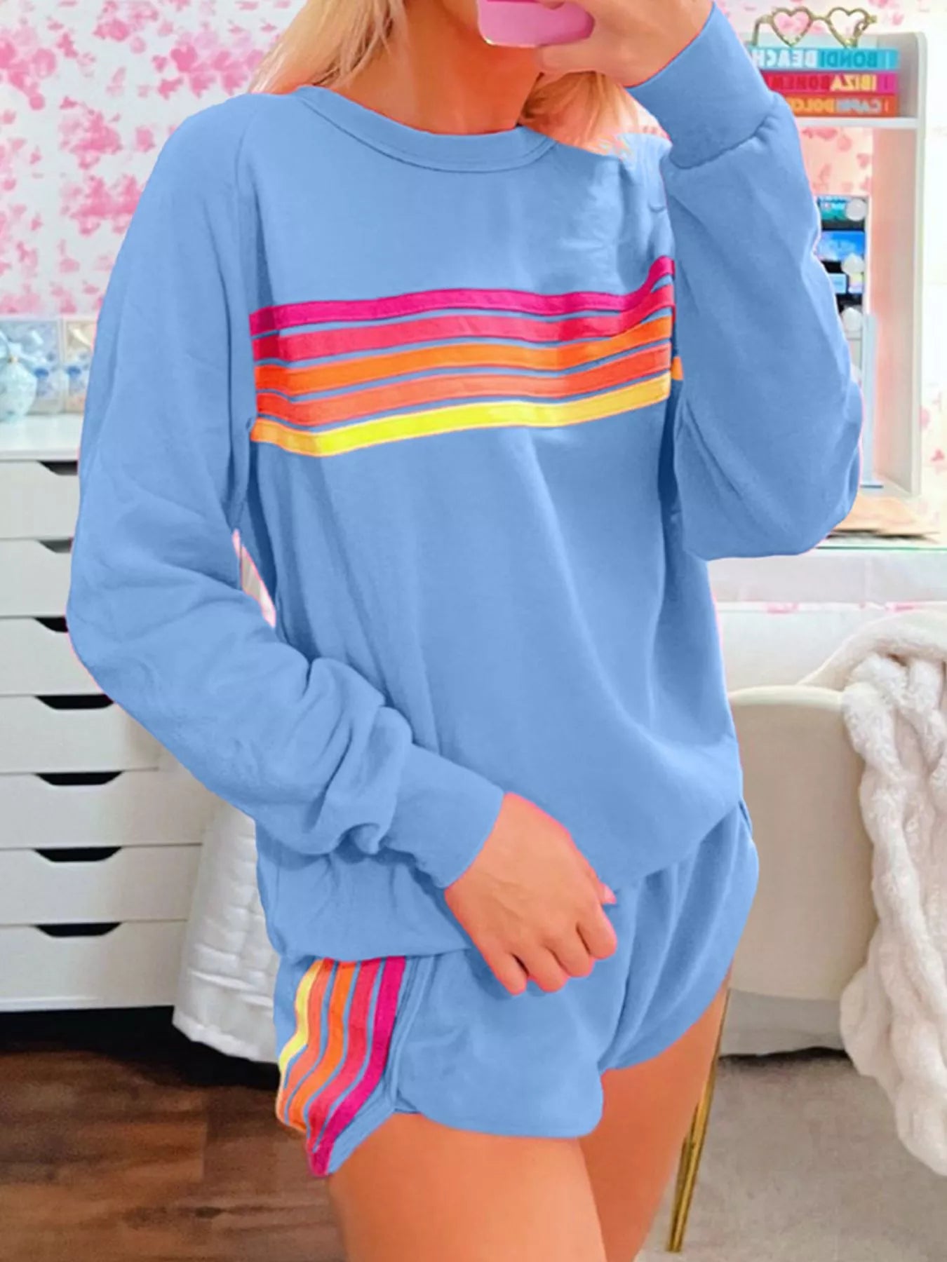 Striped Round Neck Sweatshirt and Shorts Set