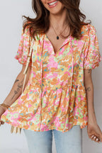 Split V Neck Short Sleeve Flower Blouse