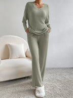 Ribbed Knit V-Neck Top and Pants Set