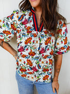 Multicolour Contrasted V Neckline Floral Puff Short Sleeve Blouse
