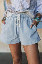Striped Denim Shorts with Drawstring Waist