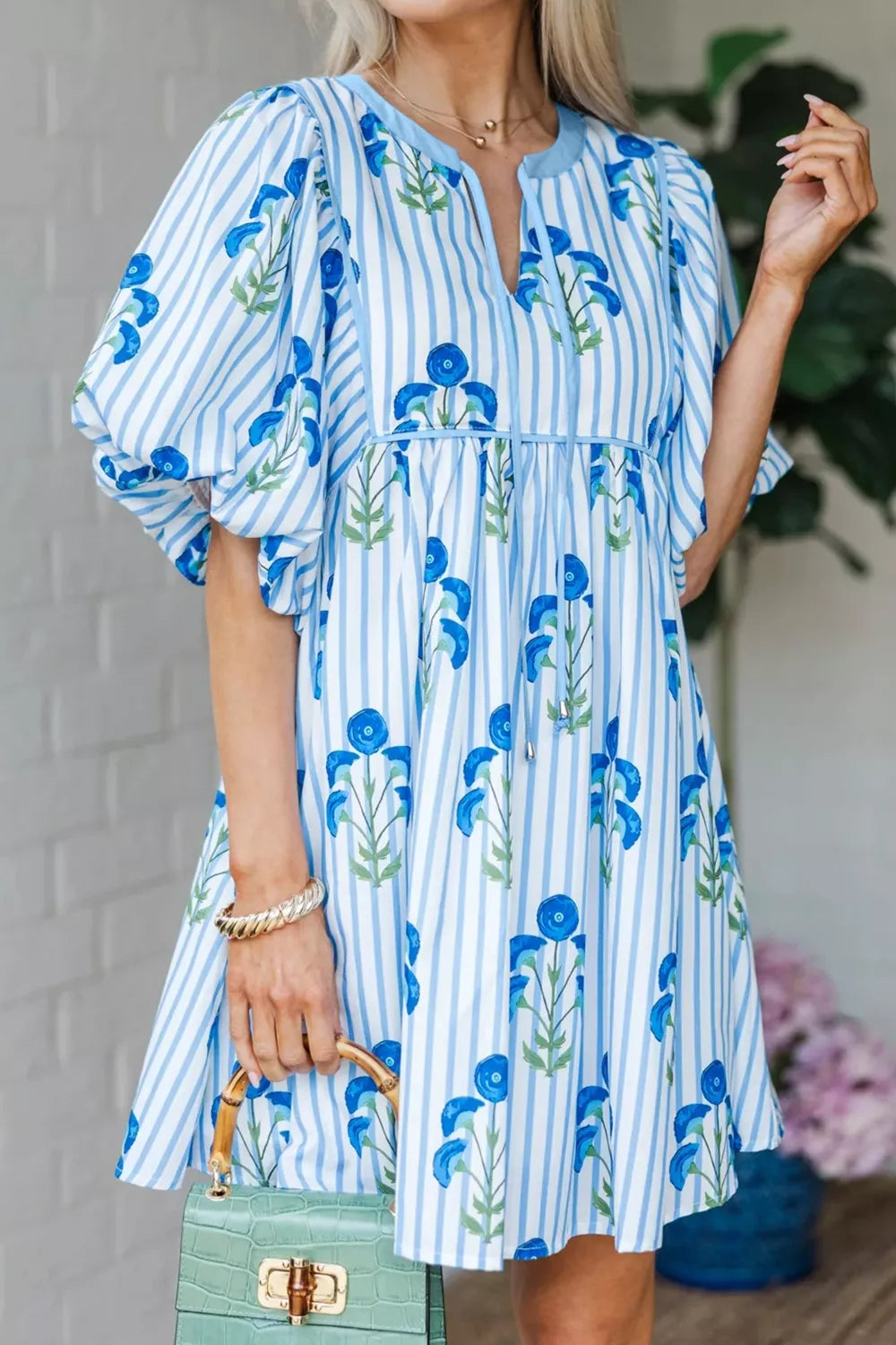 Striped Floral Puff Sleeve Mini Dress