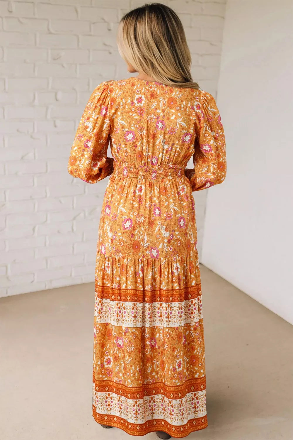Floral Print Smocked Waist Long Sleeve Boho Maxi Dress