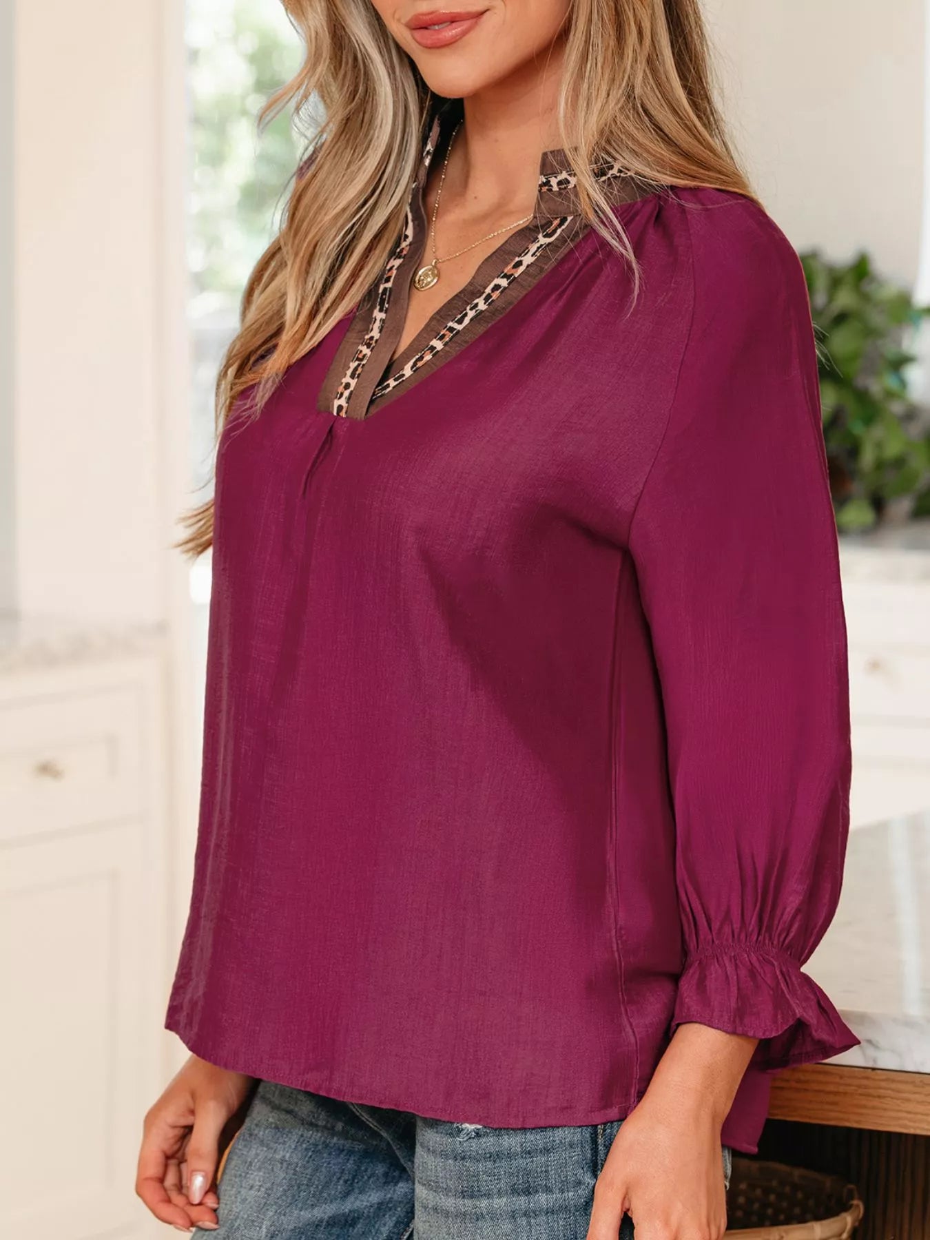 Leopard Trim V Neck Flounced Bracelet Sleeve Blouse