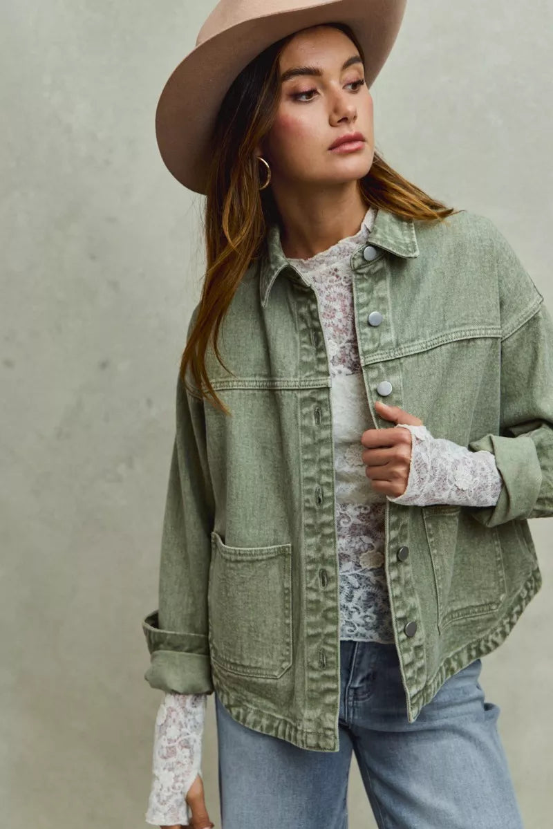 SO ME Vintage Washed Button Twill Shacket