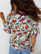 Multicolour Contrasted V Neckline Floral Puff Short Sleeve Blouse