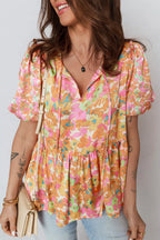 Split V Neck Short Sleeve Flower Blouse