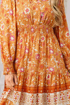 Floral Print Smocked Waist Long Sleeve Boho Maxi Dress