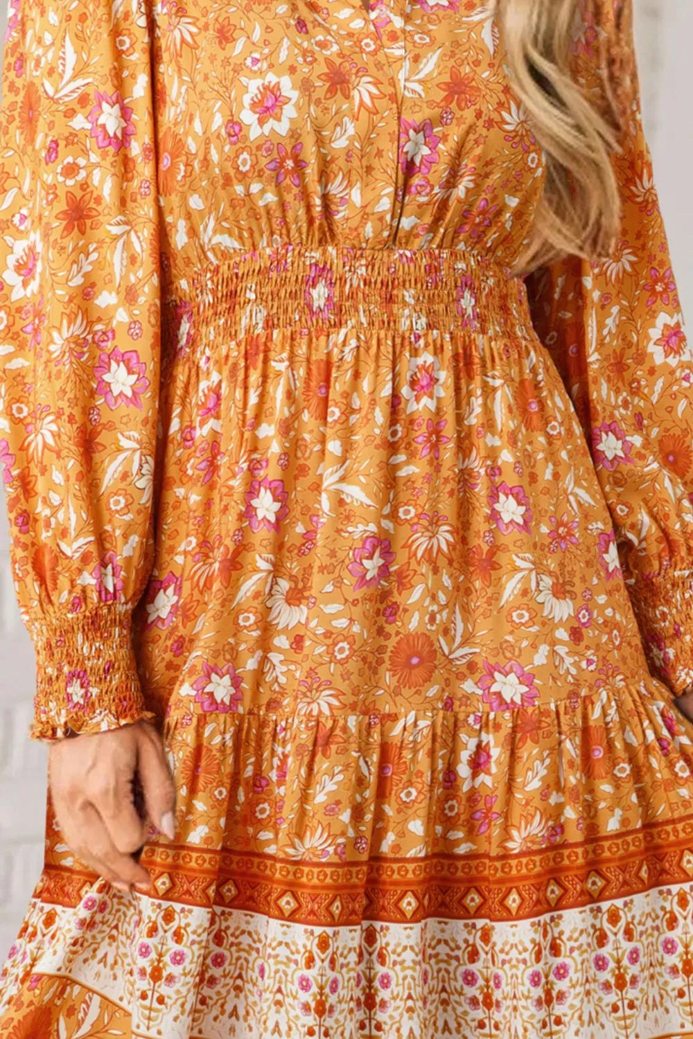 Floral Print Smocked Waist Long Sleeve Boho Maxi Dress