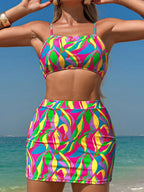 Multicolour Abstract Print Textured Spaghetti Strap High Waist Bikini Set