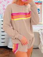 Striped Round Neck Sweatshirt and Shorts Set