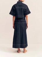 High-Waist Side Slit Contrast Stitch Denim Maxi Skirt