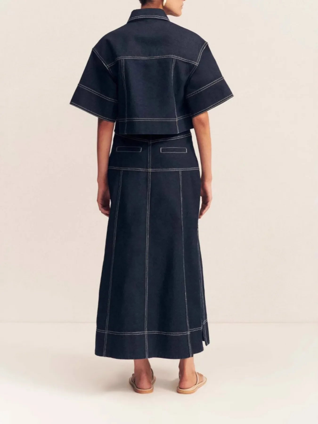 High-Waist Side Slit Contrast Stitch Denim Maxi Skirt