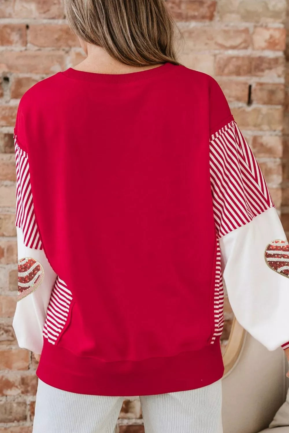 Color Block Striped Patchwork Valentines Day Sequin Heart Graphic Sweatshirt