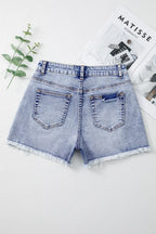Pearl Studded Pockets Raw Hem Denim Shorts