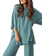 Relaxed Fit Round Neck Top and Pants Two-Piece Set