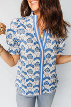 Floral Print Flounced Short Sleeve Contrast Trim V Neck Blouse