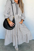 Stripe Scallop Trim Shirt Collar Half Button 3/4 Sleeve Dress