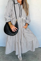 Stripe Scallop Trim Shirt Collar Half Button 3/4 Sleeve Dress