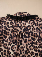 Leopard Print Button Down Lace Trim Short Sleeve Shirt